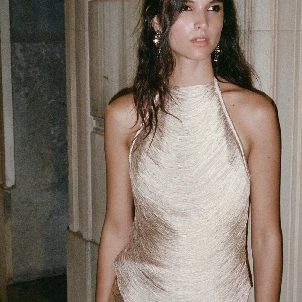 Zara Cream Halter Neck Metallic-Textured set